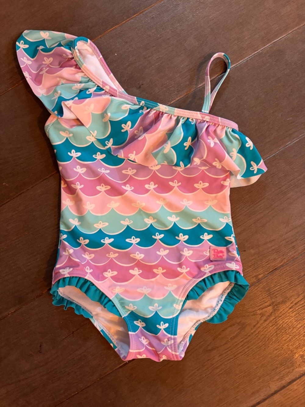 Ruffle Butts Pink Teal Purple Scallop One-Shoulder Swimsuit